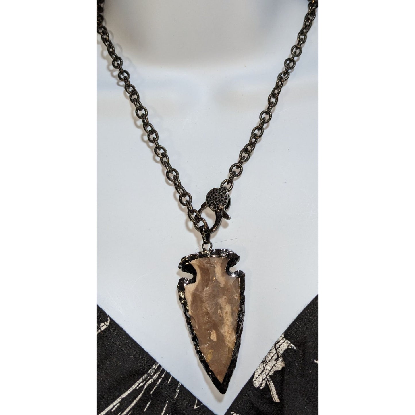 Stone Arrowhead Pendant Necklace Black Gunmetal Chain Rustic Tribal Boho Statement