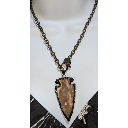 Stone Arrowhead Pendant Necklace Black Gunmetal Chain Rustic Tribal Boho Statement