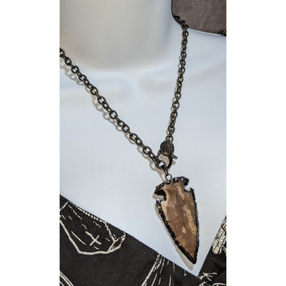 Stone Arrowhead Pendant Necklace Black Gunmetal Chain Rustic Tribal Boho Statement