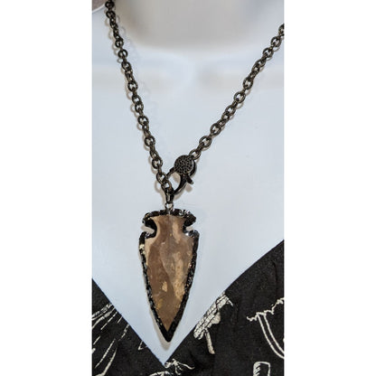 Stone Arrowhead Pendant Necklace Black Gunmetal Chain Rustic Tribal Boho Statement