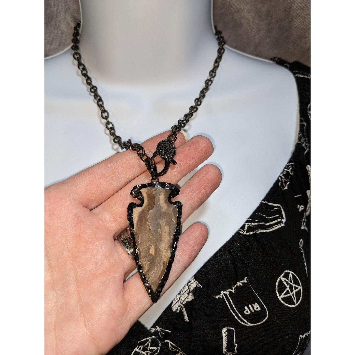 Stone Arrowhead Pendant Necklace Black Gunmetal Chain Rustic Tribal Boho Statement