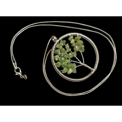 Mystical Silver Tone And Green Stone Tree Of Life Necklace