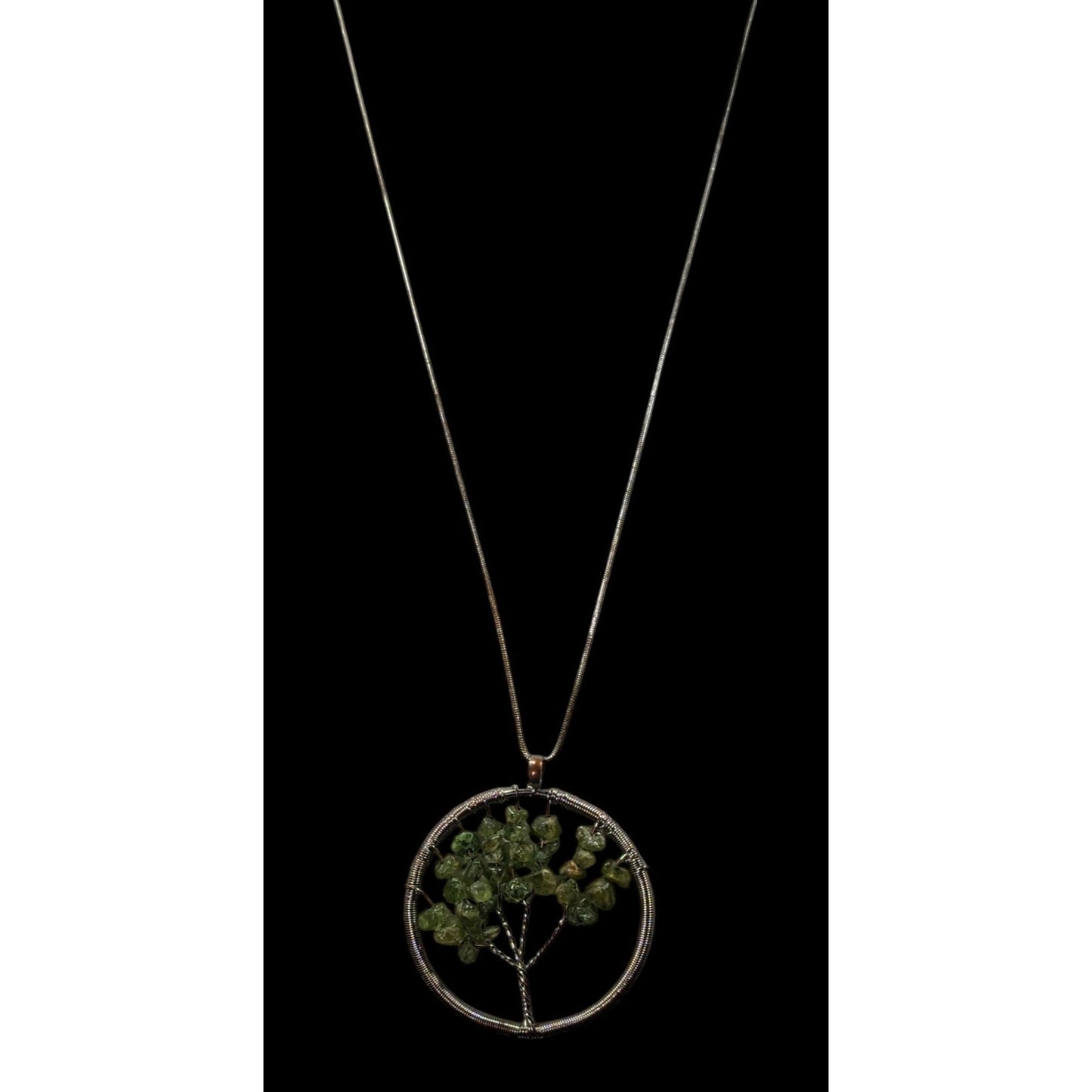 Mystical Silver Tone And Green Stone Tree Of Life Necklace
