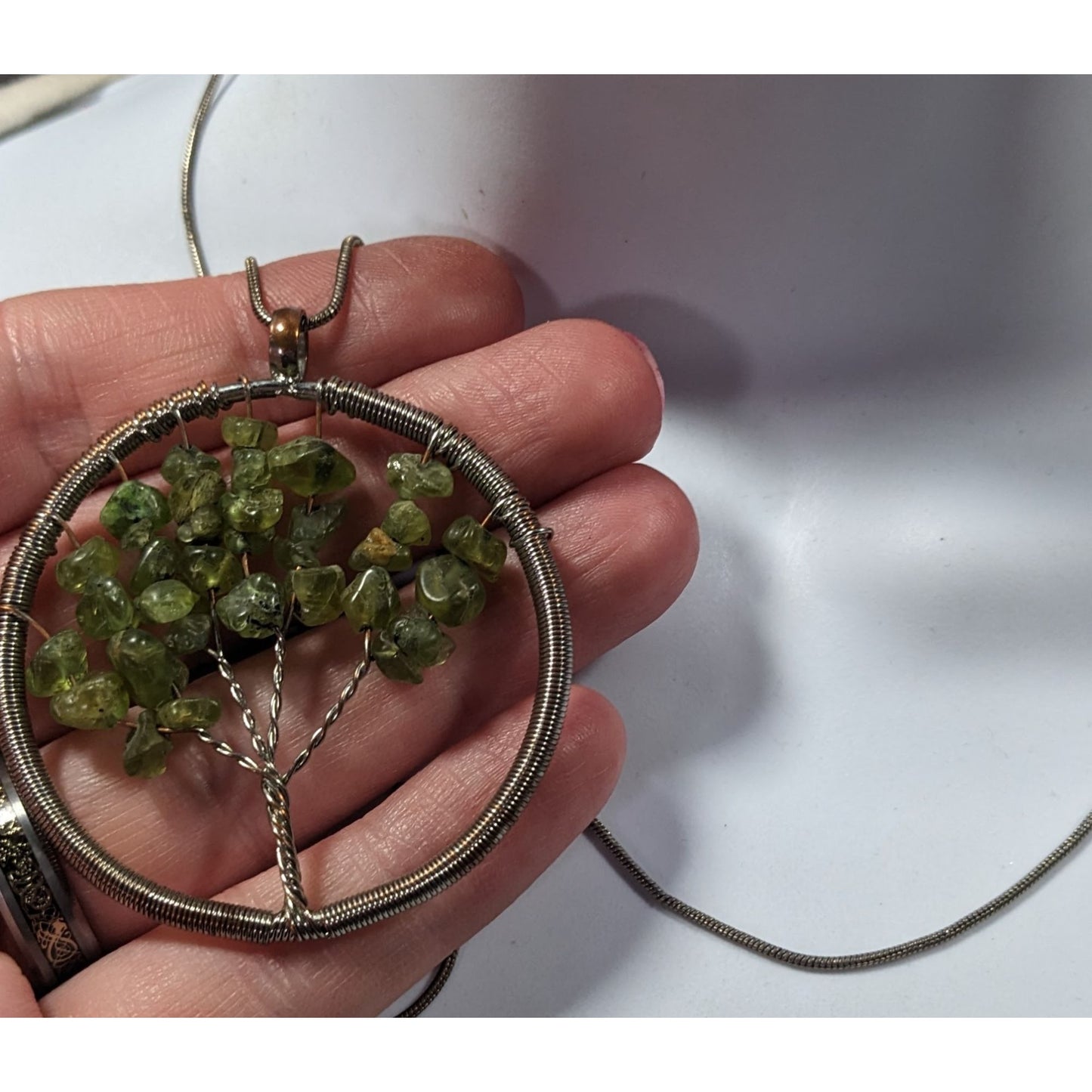 Mystical Silver Tone And Green Stone Tree Of Life Necklace