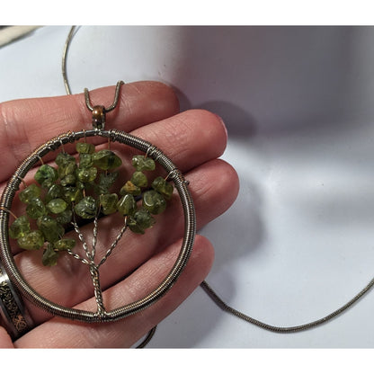 Mystical Silver Tone And Green Stone Tree Of Life Necklace