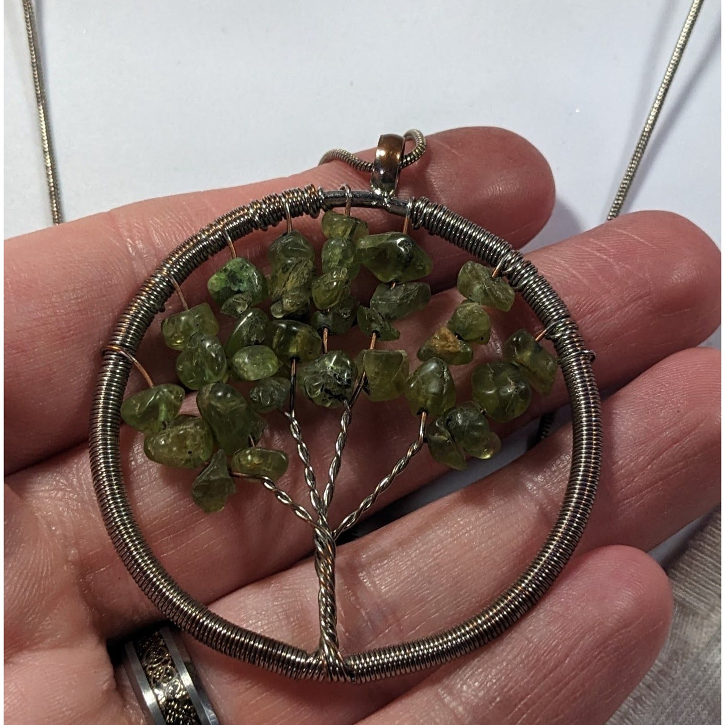 Mystical Silver Tone And Green Stone Tree Of Life Necklace