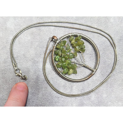 Mystical Silver Tone And Green Stone Tree Of Life Necklace