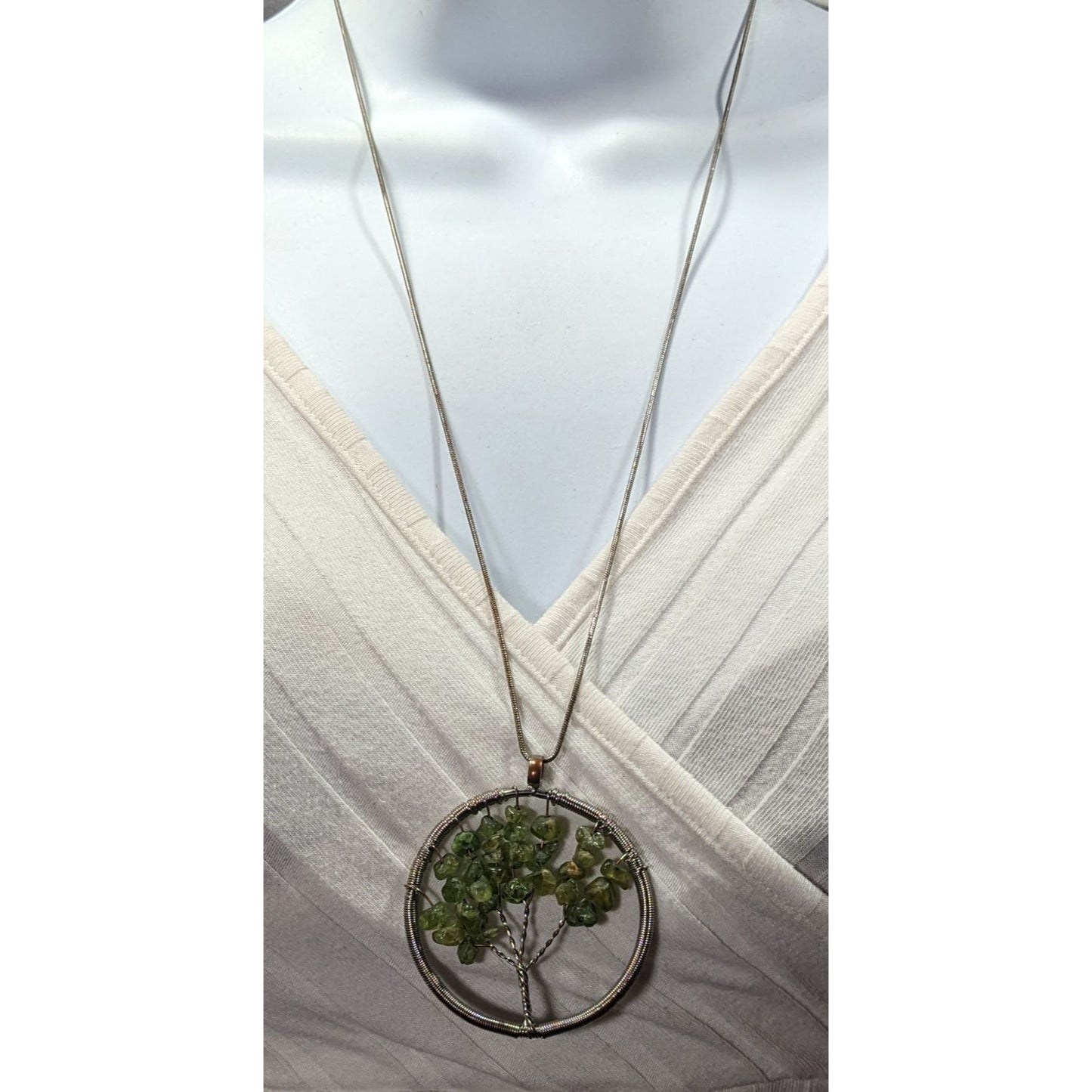 Mystical Silver Tone And Green Stone Tree Of Life Necklace