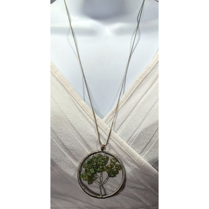 Mystical Silver Tone And Green Stone Tree Of Life Necklace