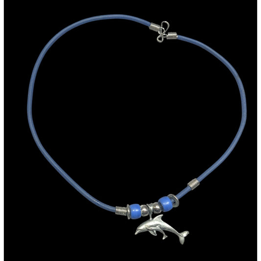 Vintage 90s Dolphin Necklace Silver Tone On Blue Rubbery Cord