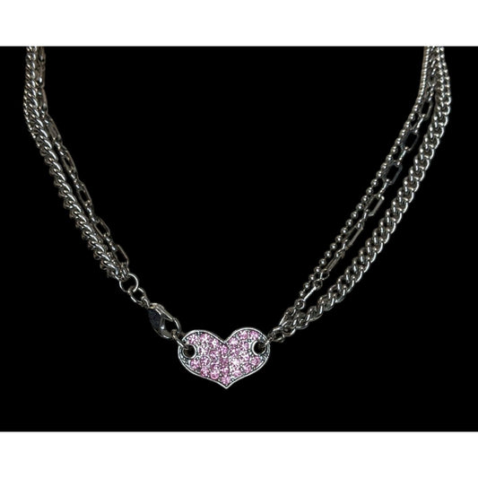 Guess Vintage Reversible Pink Rhinestone Heart Pendant Necklace With Triple Silver Chains & Lobster Clasp 14 Inches Long