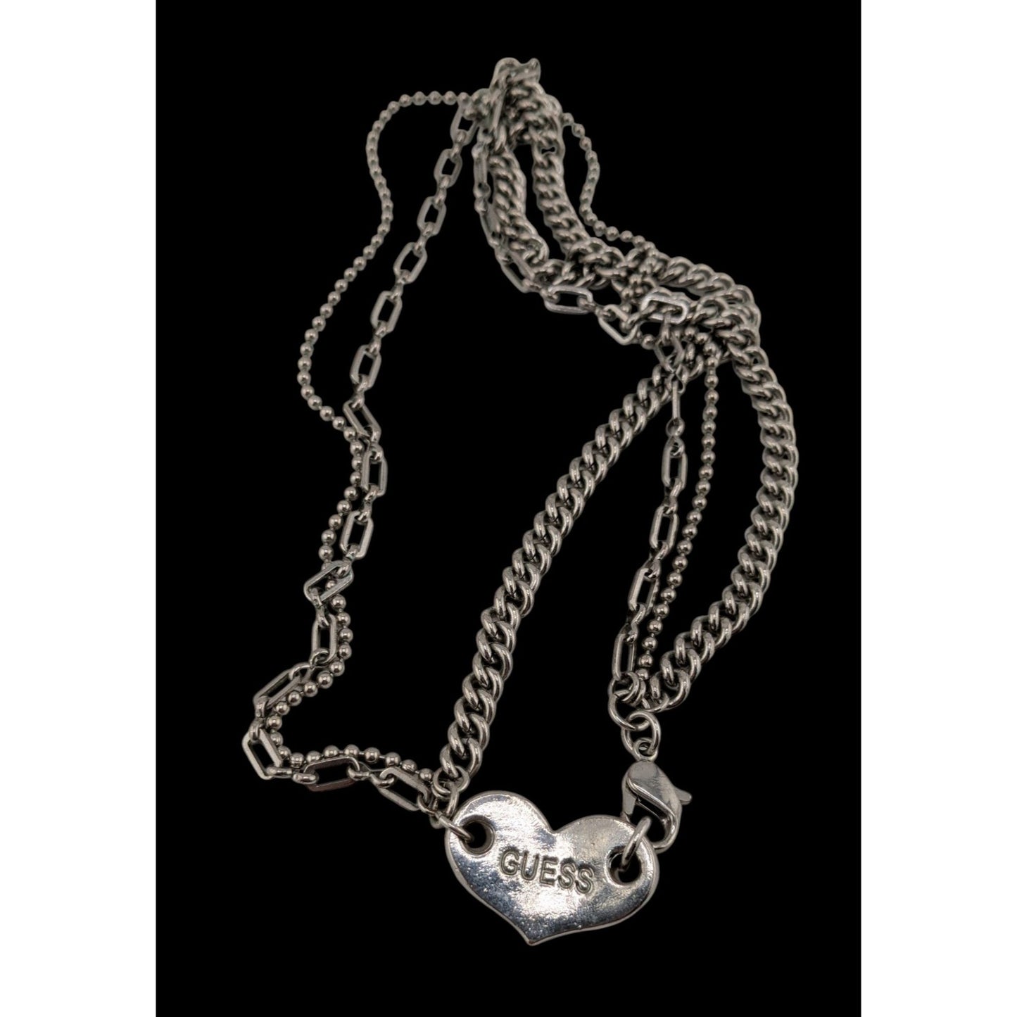 Guess Vintage Reversible Pink Rhinestone Heart Pendant Necklace With Triple Silver Chains & Lobster Clasp 14 Inches Long