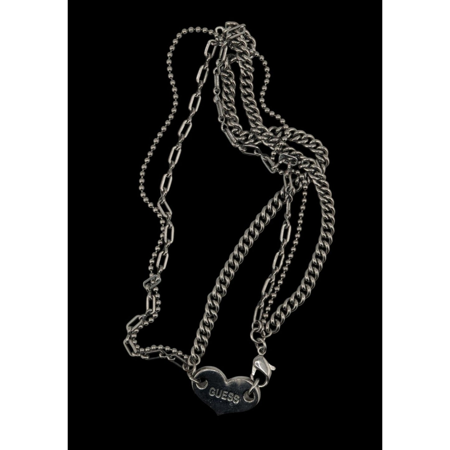 Guess Vintage Reversible Pink Rhinestone Heart Pendant Necklace With Triple Silver Chains & Lobster Clasp 14 Inches Long