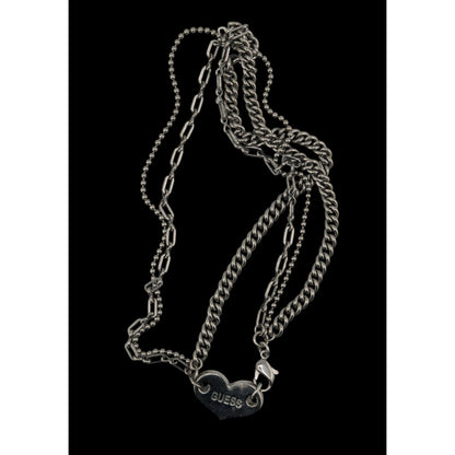 Guess Vintage Reversible Pink Rhinestone Heart Pendant Necklace With Triple Silver Chains & Lobster Clasp 14 Inches Long