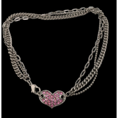 Guess Vintage Reversible Pink Rhinestone Heart Pendant Necklace With Triple Silver Chains & Lobster Clasp 14 Inches Long