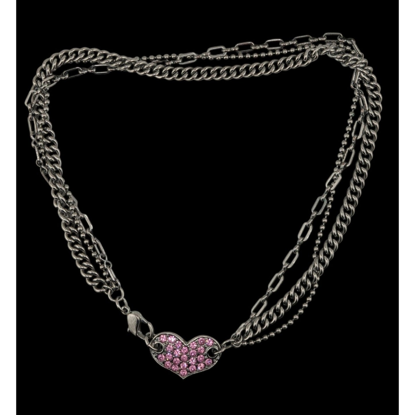 Guess Vintage Reversible Pink Rhinestone Heart Pendant Necklace With Triple Silver Chains & Lobster Clasp 14 Inches Long