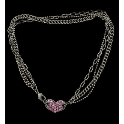 Guess Vintage Reversible Pink Rhinestone Heart Pendant Necklace With Triple Silver Chains & Lobster Clasp 14 Inches Long