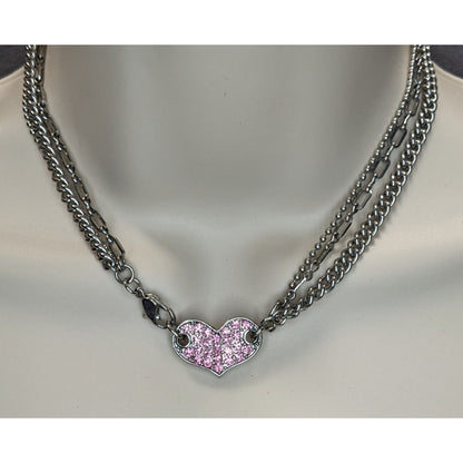 Guess Vintage Reversible Pink Rhinestone Heart Pendant Necklace With Triple Silver Chains & Lobster Clasp 14 Inches Long