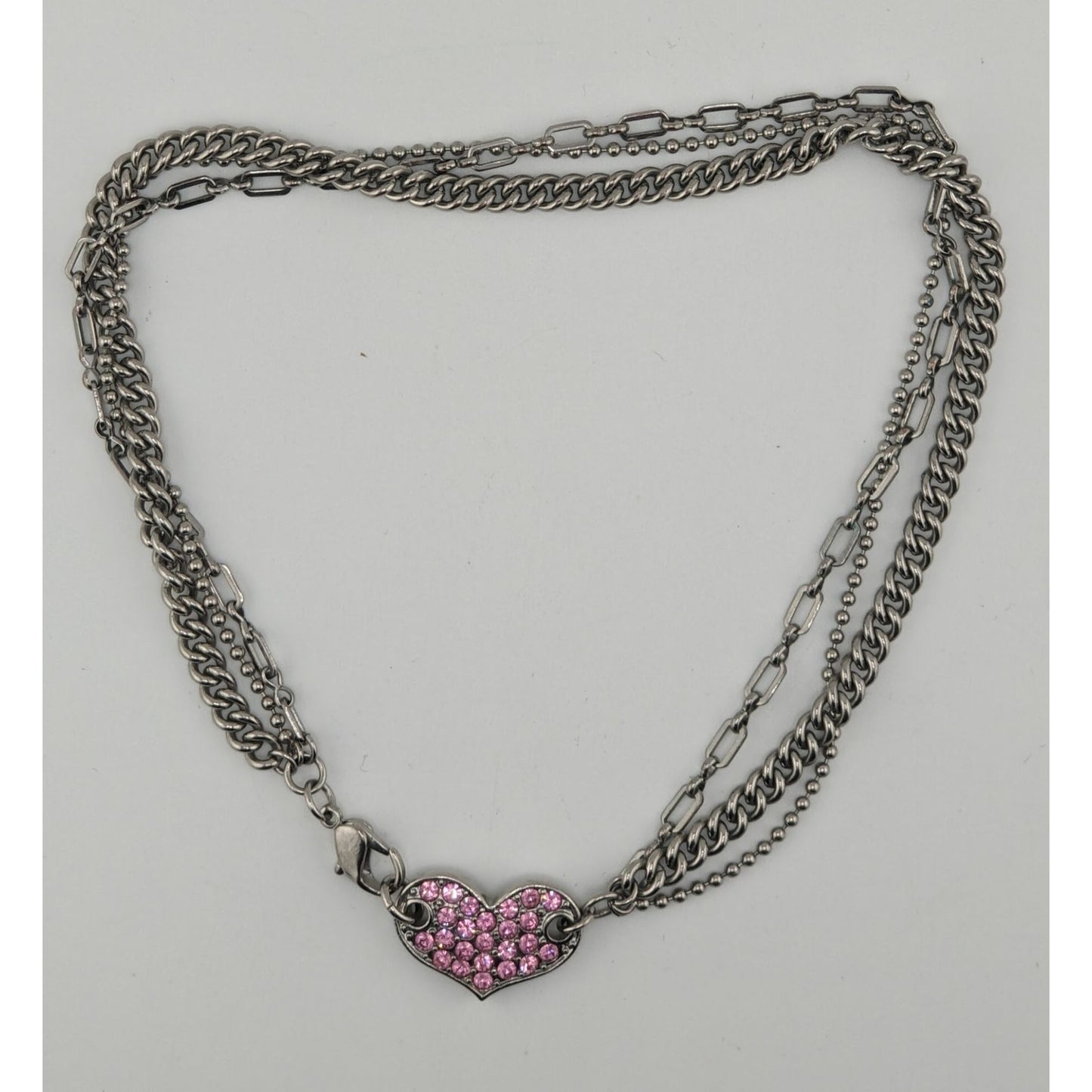 Guess Vintage Reversible Pink Rhinestone Heart Pendant Necklace With Triple Silver Chains & Lobster Clasp 14 Inches Long