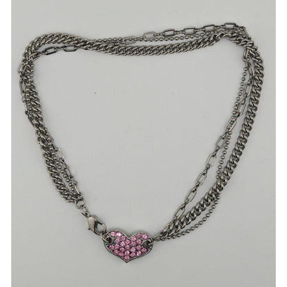 Guess Vintage Reversible Pink Rhinestone Heart Pendant Necklace With Triple Silver Chains & Lobster Clasp 14 Inches Long