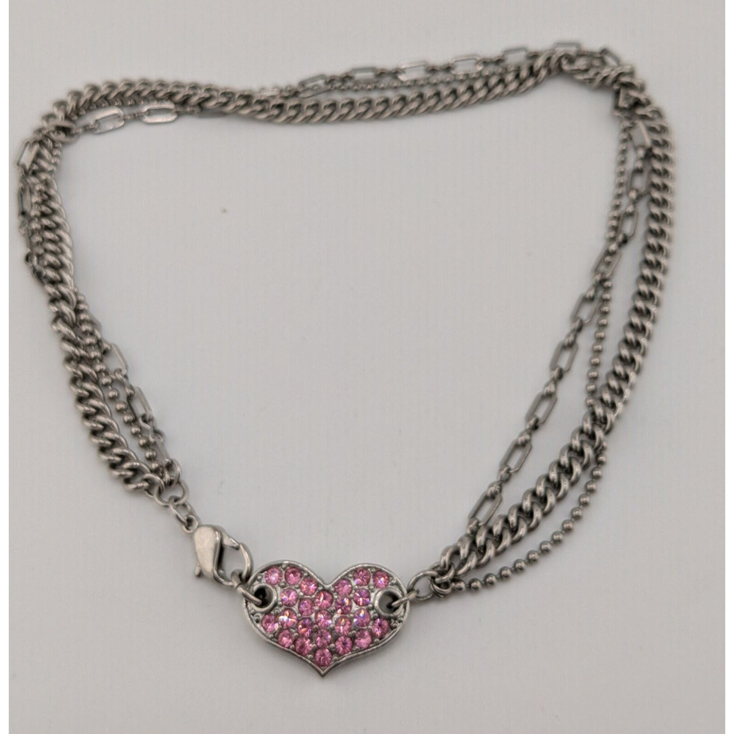 Guess Vintage Reversible Pink Rhinestone Heart Pendant Necklace With Triple Silver Chains & Lobster Clasp 14 Inches Long