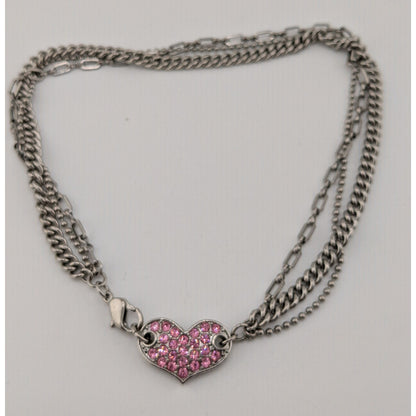 Guess Vintage Reversible Pink Rhinestone Heart Pendant Necklace With Triple Silver Chains & Lobster Clasp 14 Inches Long