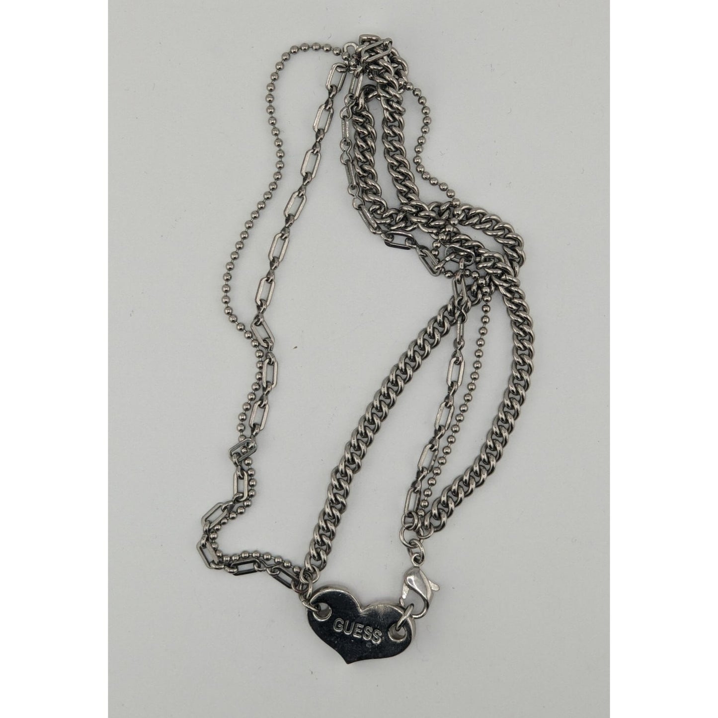 Guess Vintage Reversible Pink Rhinestone Heart Pendant Necklace With Triple Silver Chains & Lobster Clasp 14 Inches Long