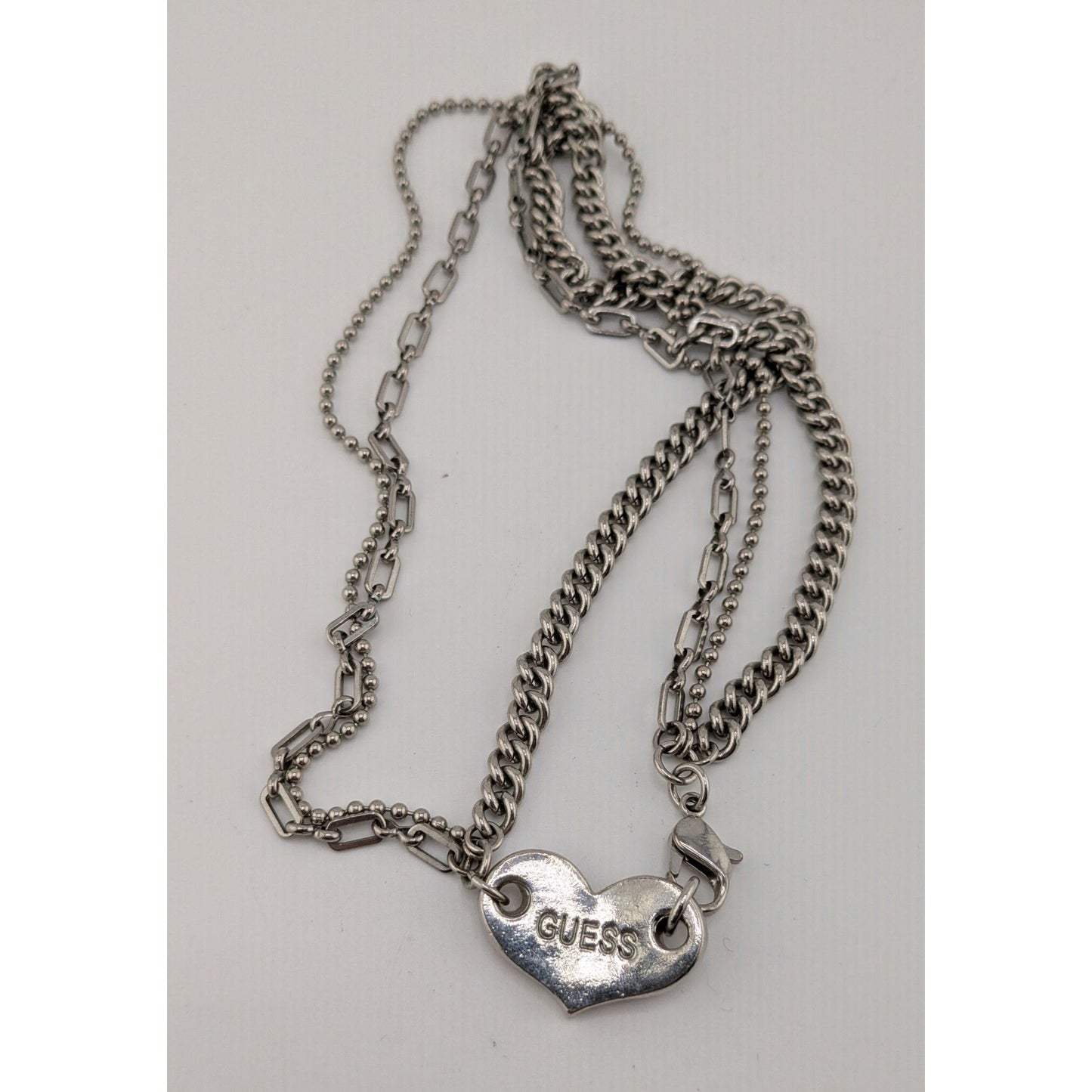 Guess Vintage Reversible Pink Rhinestone Heart Pendant Necklace With Triple Silver Chains & Lobster Clasp 14 Inches Long