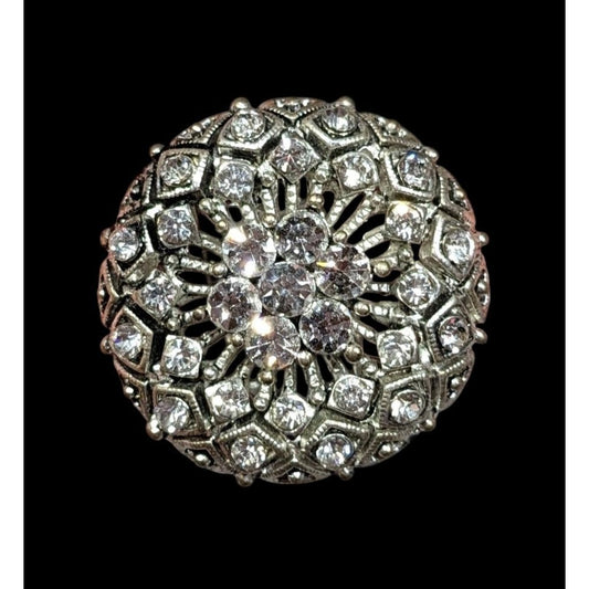 Elegant Glam Pillow Top Style Rhinestone Silver Tone Adjustable Ring Size 6 1/2