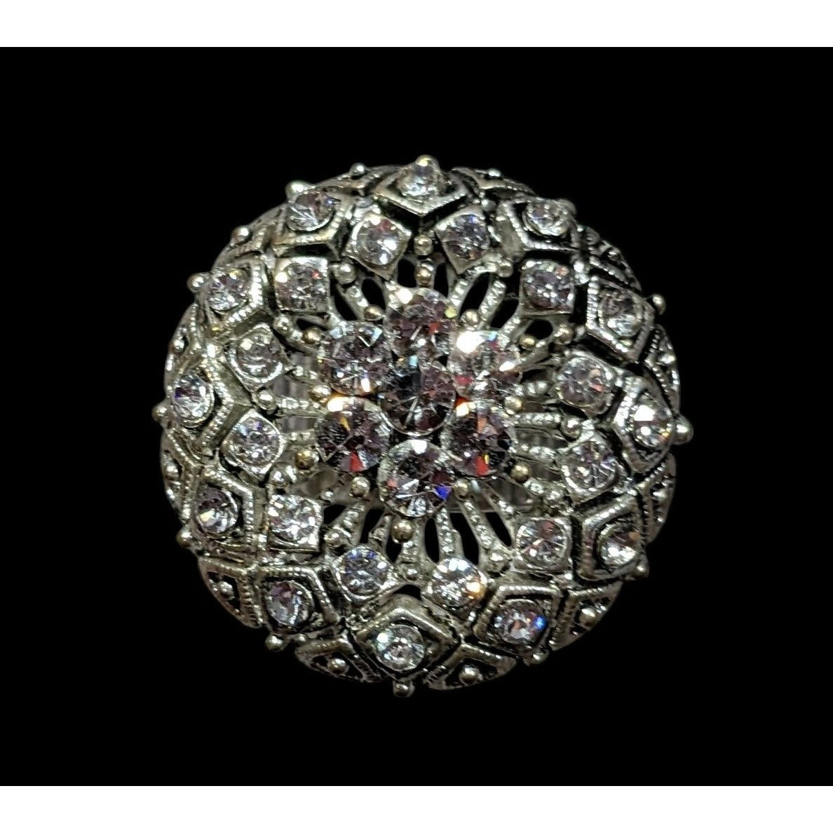 Elegant Glam Pillow Top Style Rhinestone Silver Tone Adjustable Ring Size 6 1/2