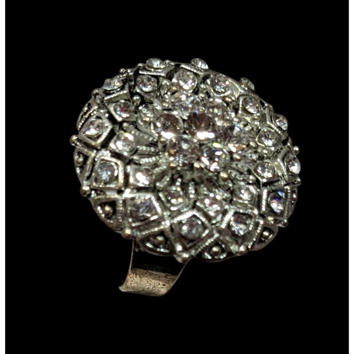Elegant Glam Pillow Top Style Rhinestone Silver Tone Adjustable Ring Size 6 1/2