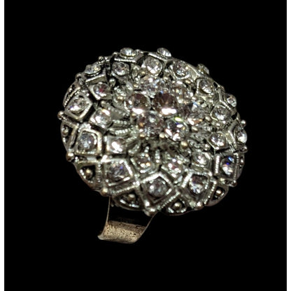Elegant Glam Pillow Top Style Rhinestone Silver Tone Adjustable Ring Size 6 1/2