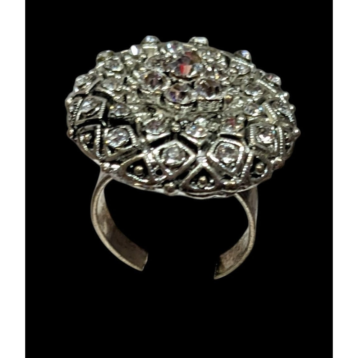 Elegant Glam Pillow Top Style Rhinestone Silver Tone Adjustable Ring Size 6 1/2
