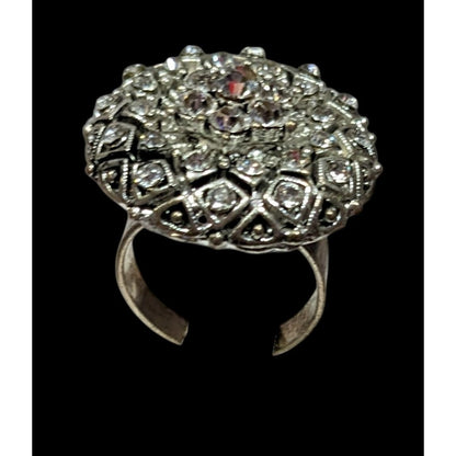Elegant Glam Pillow Top Style Rhinestone Silver Tone Adjustable Ring Size 6 1/2
