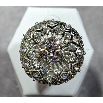 Elegant Glam Pillow Top Style Rhinestone Silver Tone Adjustable Ring Size 6 1/2