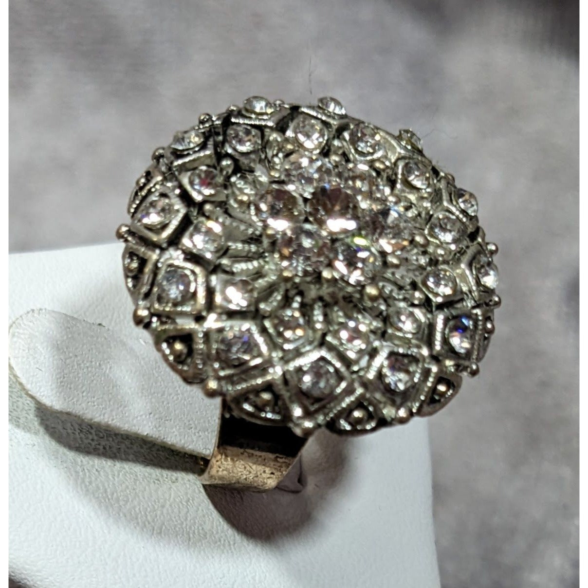 Elegant Glam Pillow Top Style Rhinestone Silver Tone Adjustable Ring Size 6 1/2