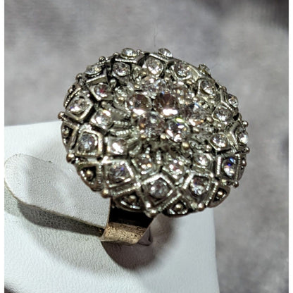 Elegant Glam Pillow Top Style Rhinestone Silver Tone Adjustable Ring Size 6 1/2
