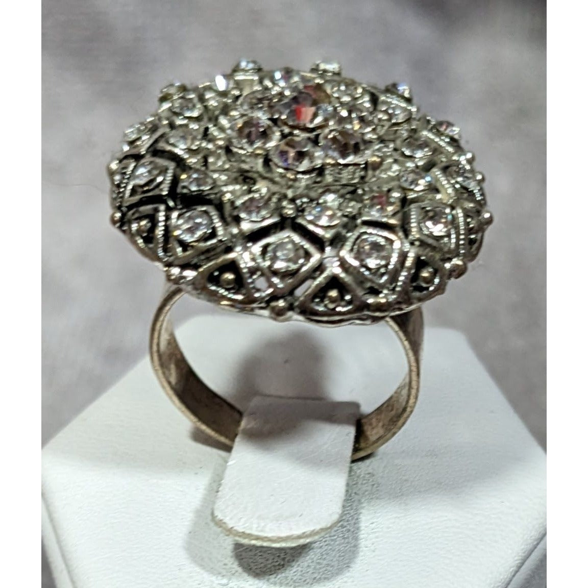 Elegant Glam Pillow Top Style Rhinestone Silver Tone Adjustable Ring Size 6 1/2