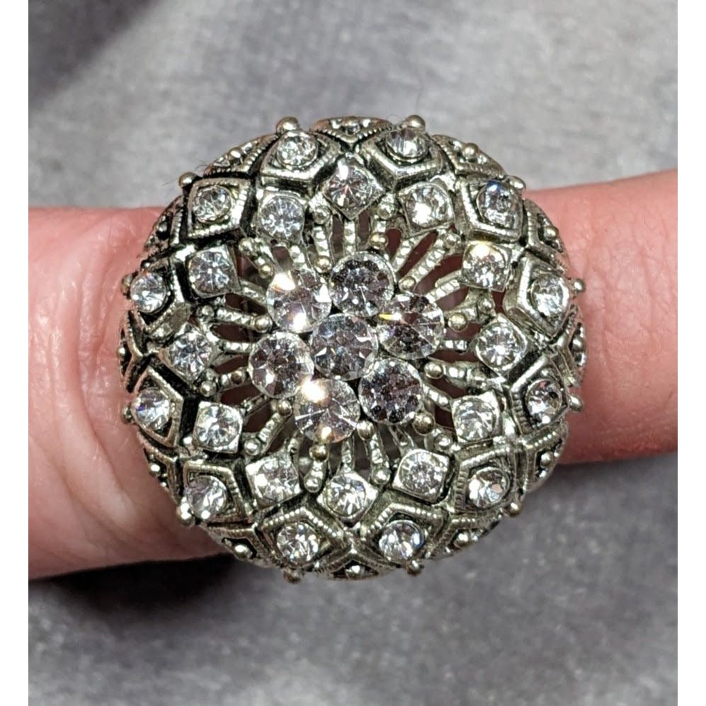 Elegant Glam Pillow Top Style Rhinestone Silver Tone Adjustable Ring Size 6 1/2