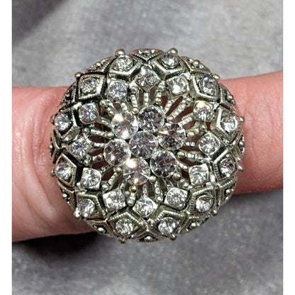Elegant Glam Pillow Top Style Rhinestone Silver Tone Adjustable Ring Size 6 1/2