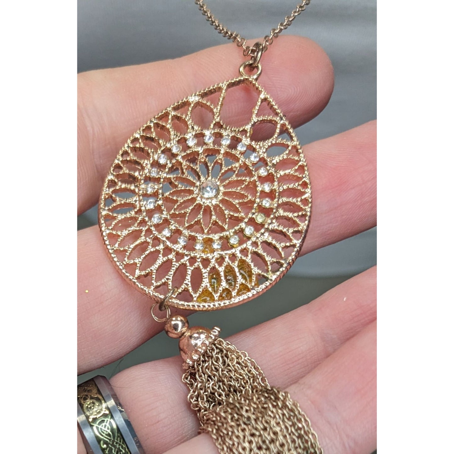 Bohemian Rose Gold Tone Filigree Tassel Pendant Necklace