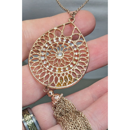 Bohemian Rose Gold Tone Filigree Tassel Pendant Necklace