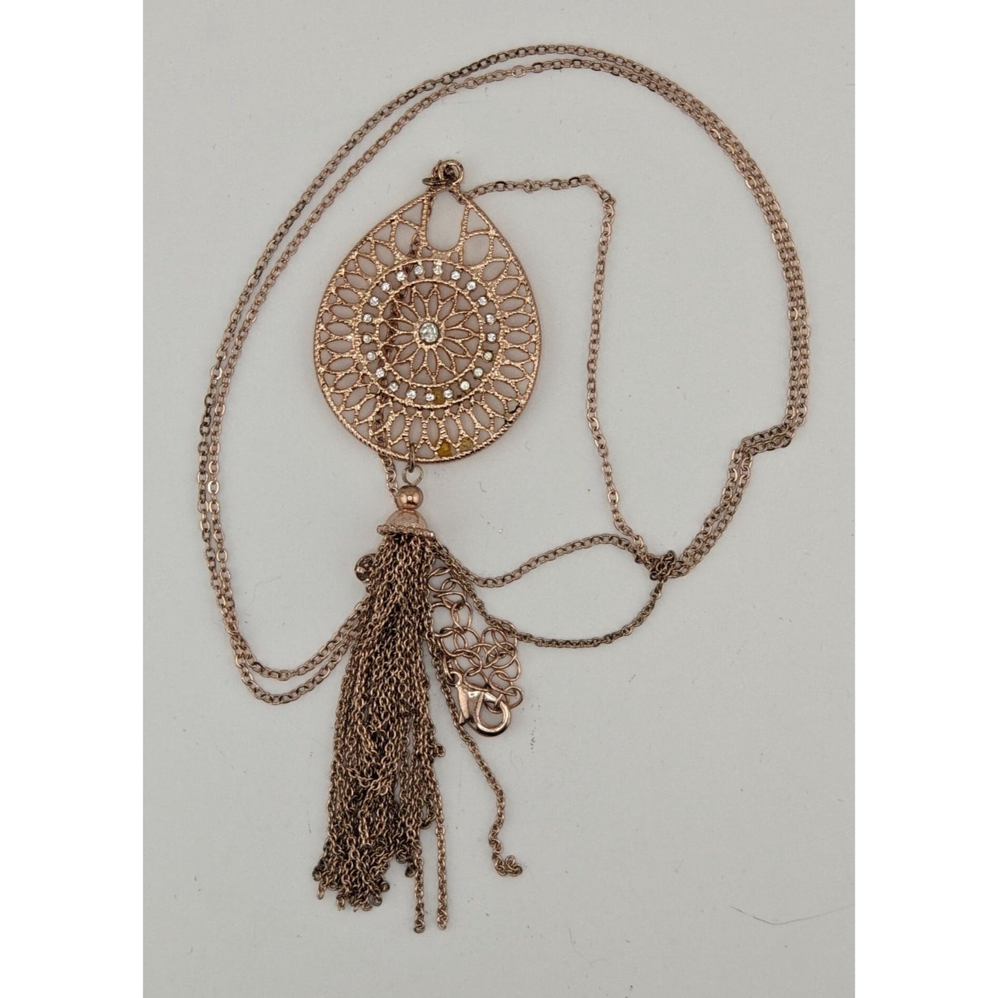 Bohemian Rose Gold Tone Filigree Tassel Pendant Necklace