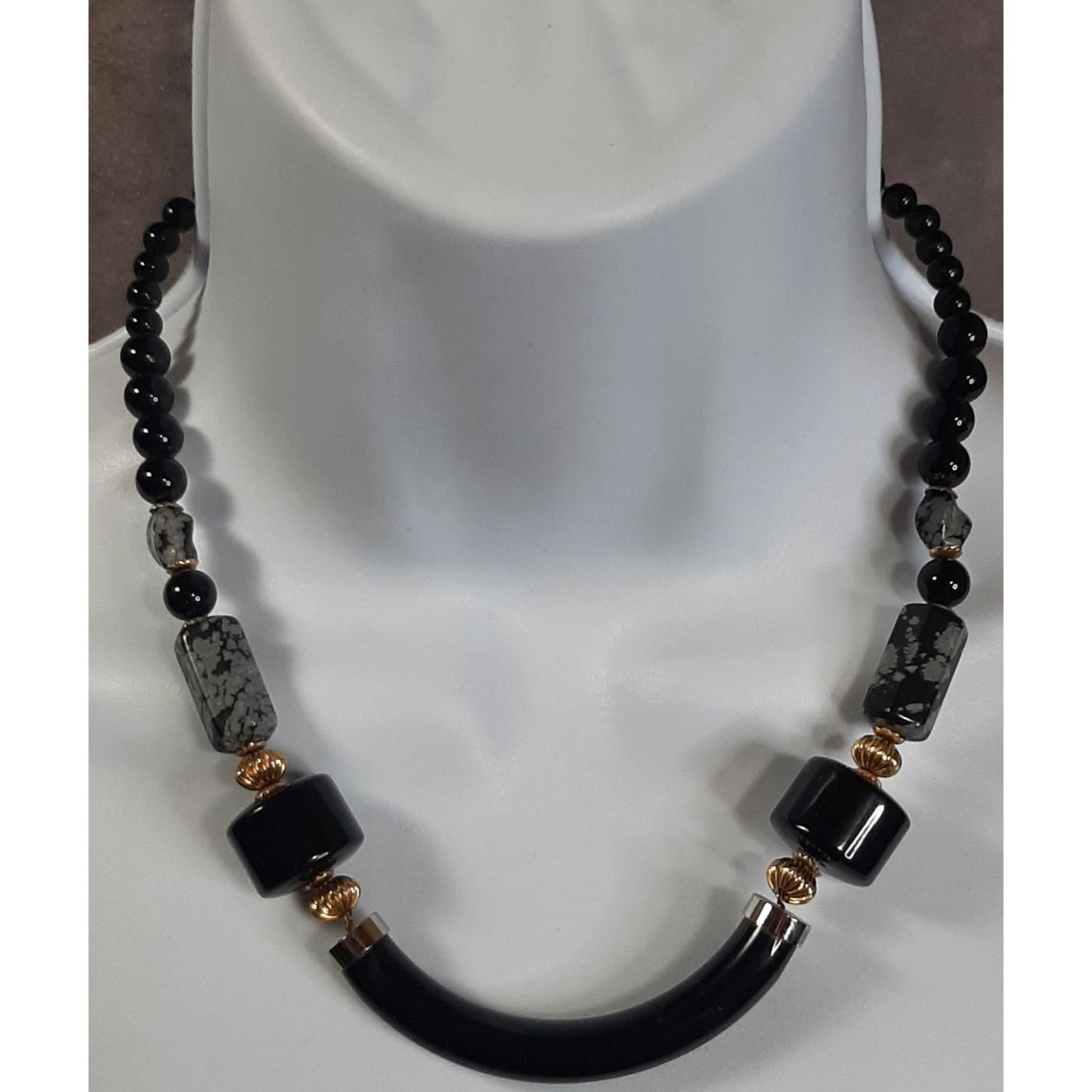 Vintage Black Lucite And Snowflake Obsidian Necklace