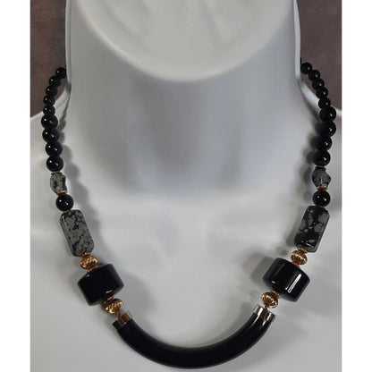 Vintage Black Lucite And Snowflake Obsidian Necklace