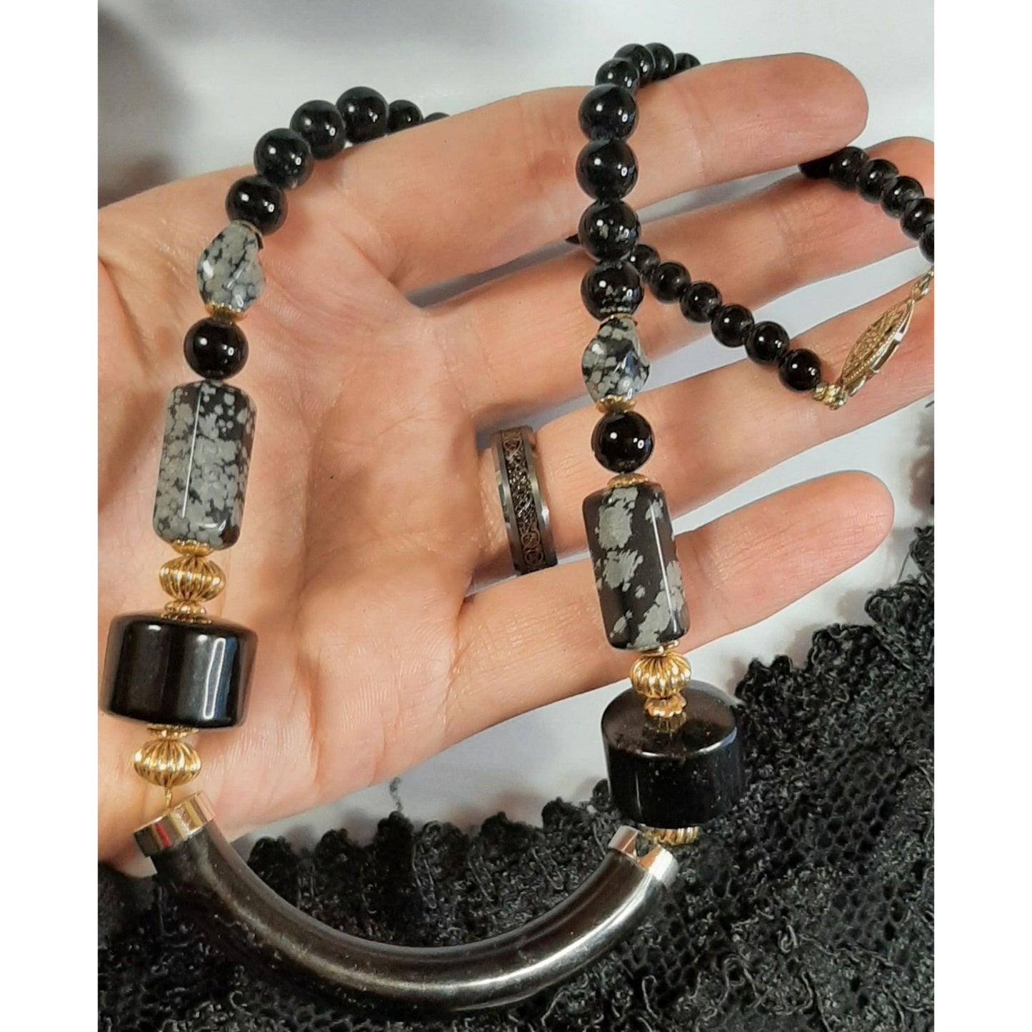 Vintage Black Lucite And Snowflake Obsidian Necklace