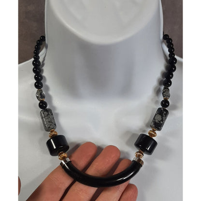 Vintage Black Lucite And Snowflake Obsidian Necklace