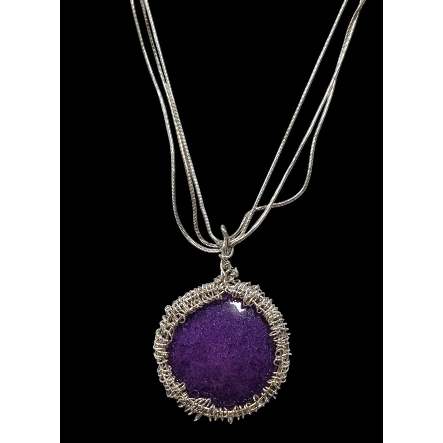 Whimsical Handmade Wire Wrapped Purple Stone On Layered Silver Tone Chain