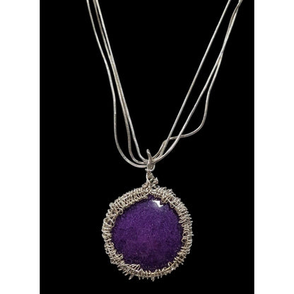 Whimsical Handmade Wire Wrapped Purple Stone On Layered Silver Tone Chain