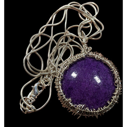 Whimsical Handmade Wire Wrapped Purple Stone On Layered Silver Tone Chain